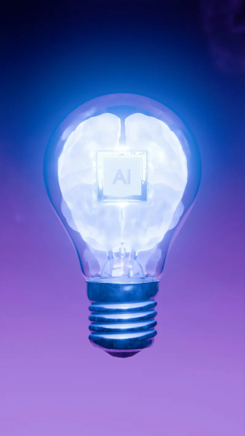 Glowing light bulb with a brain and an AI chip inside, representing AI automation for small businesses in the UAE