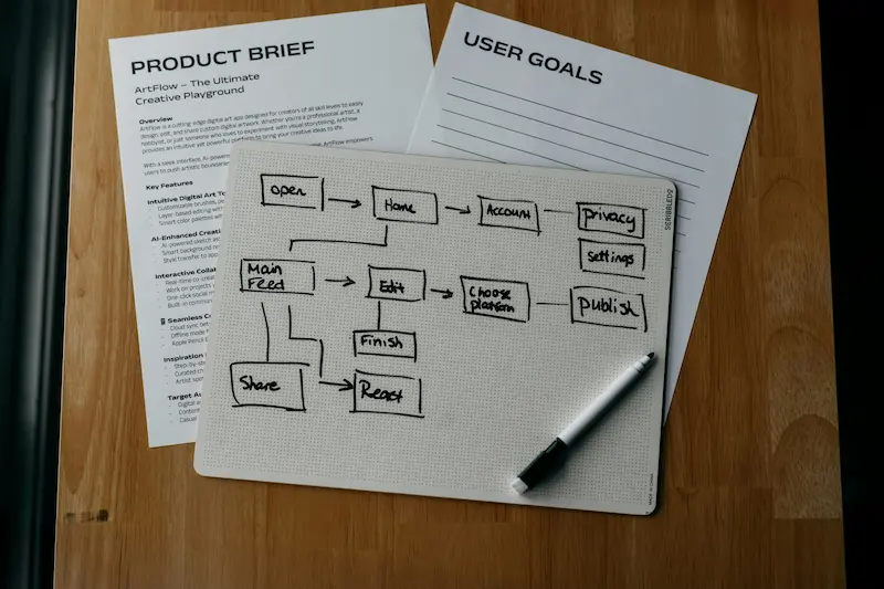 Hand-drawn flowchart of screens and steps on a whiteboard, lying on a desk beside printed product brief and user goals pages